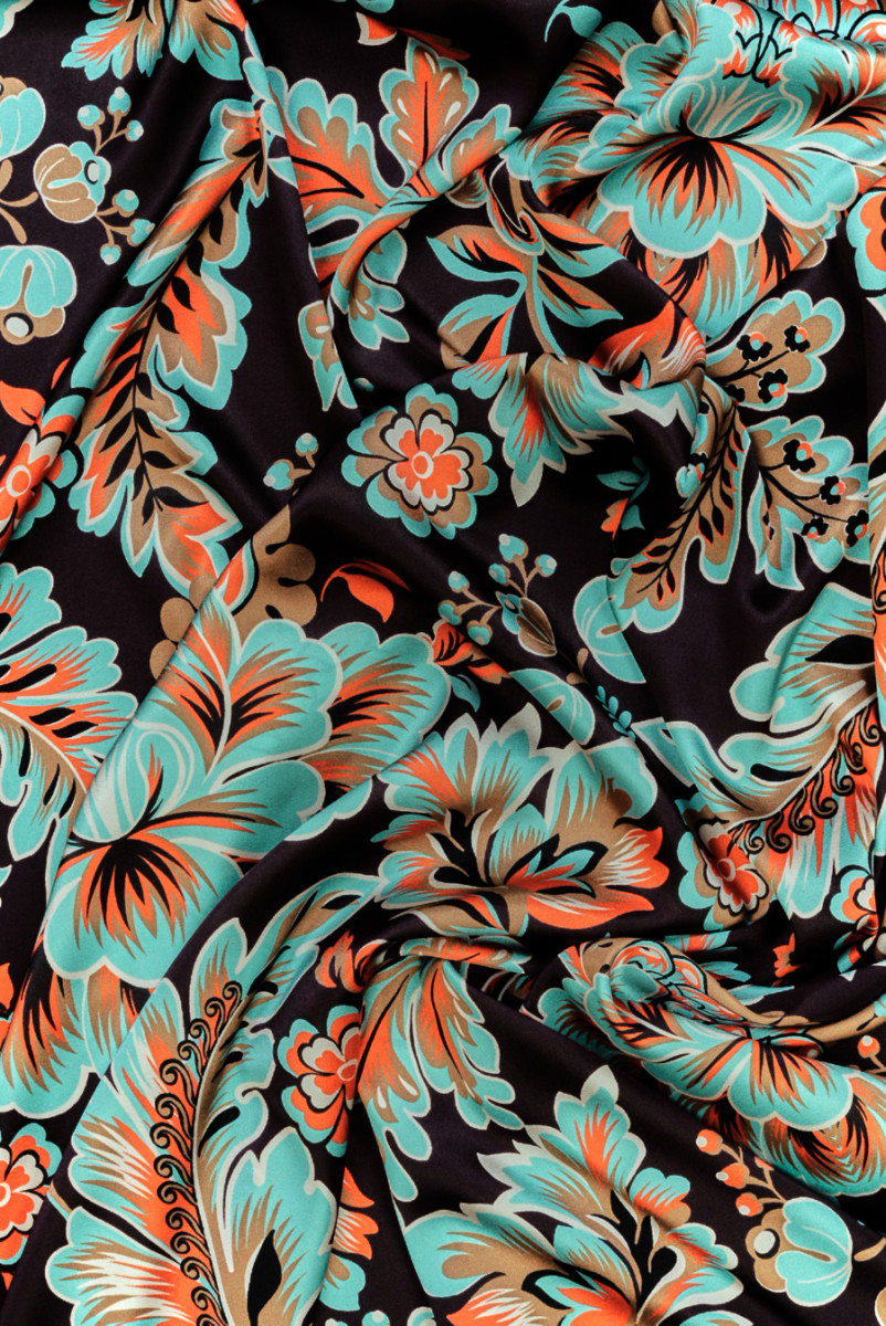 Seidensatin türkis orange Blumen