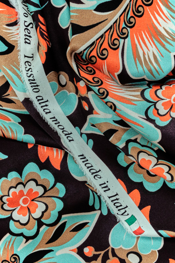 Silk satin turquoise orange flowers