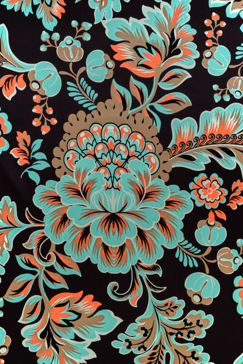 Seidensatin türkis orange Blumen