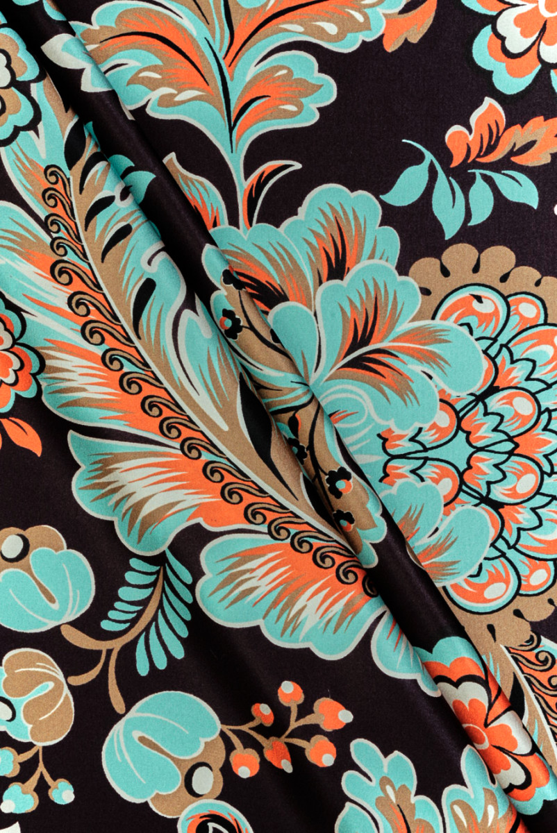 Seidensatin türkis orange Blumen