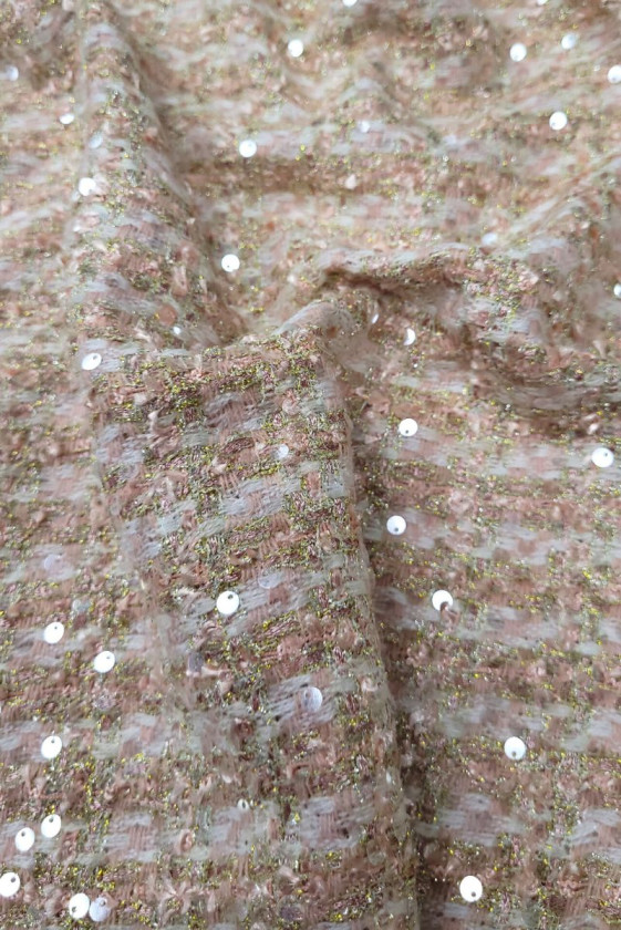 Tkanina typu chanel różowo-złota z cekinami