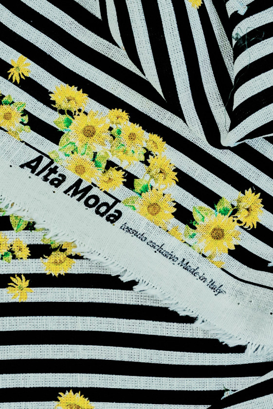 Len z bawełną paski i kwiaty