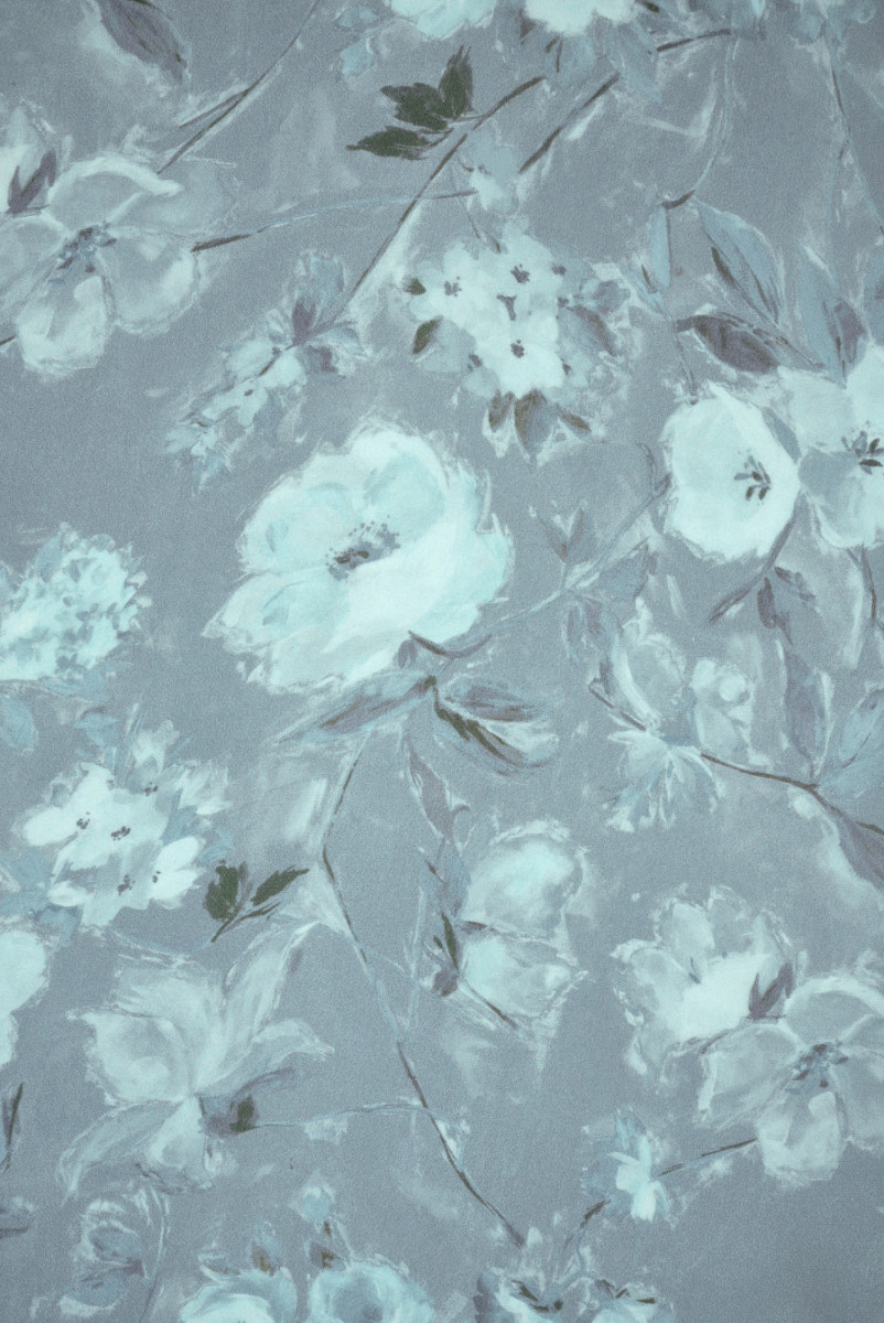 Muślin jedwabny niebiesko szary w kwiaty