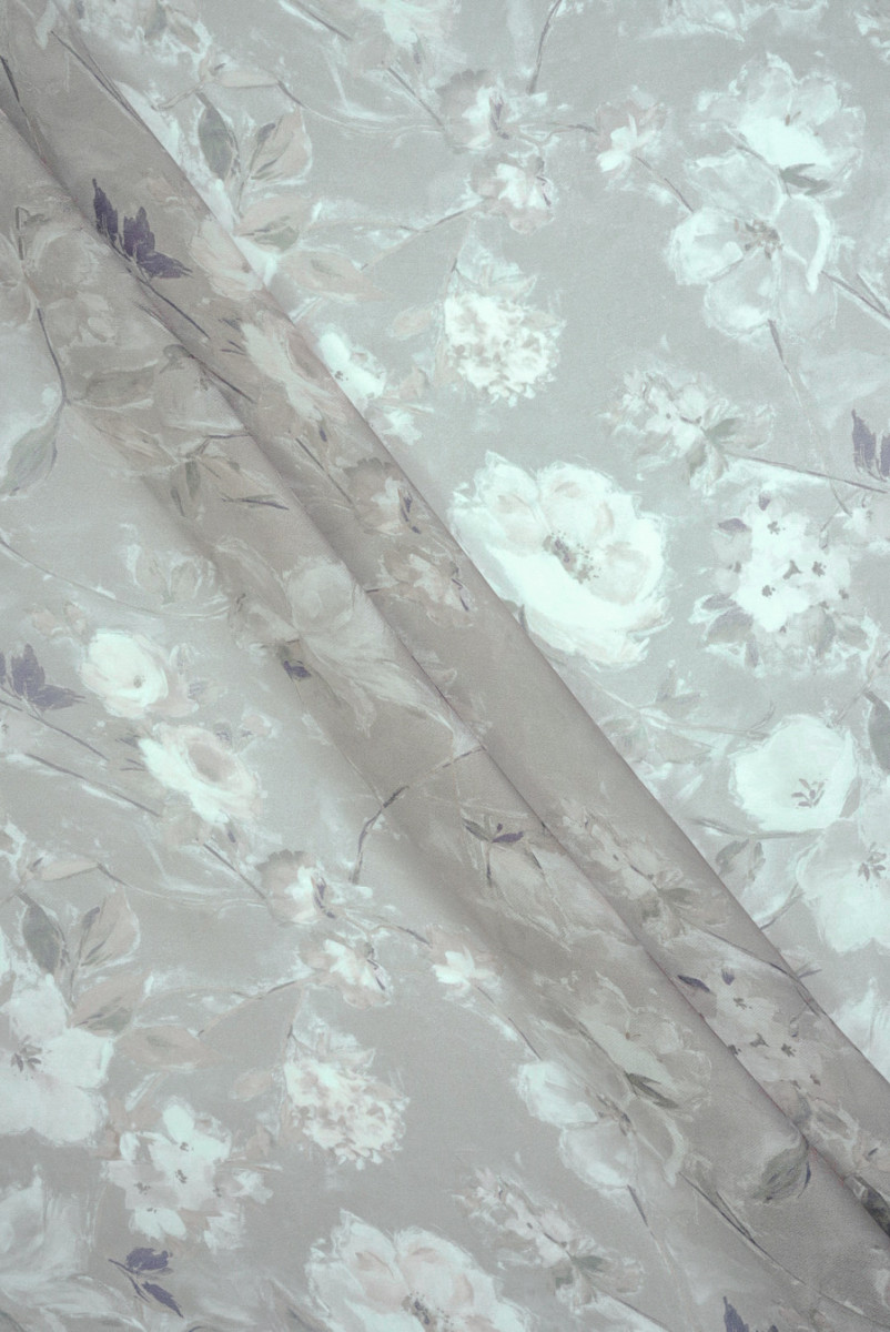 Muślin jedwabny szaro beżowy w kwiaty