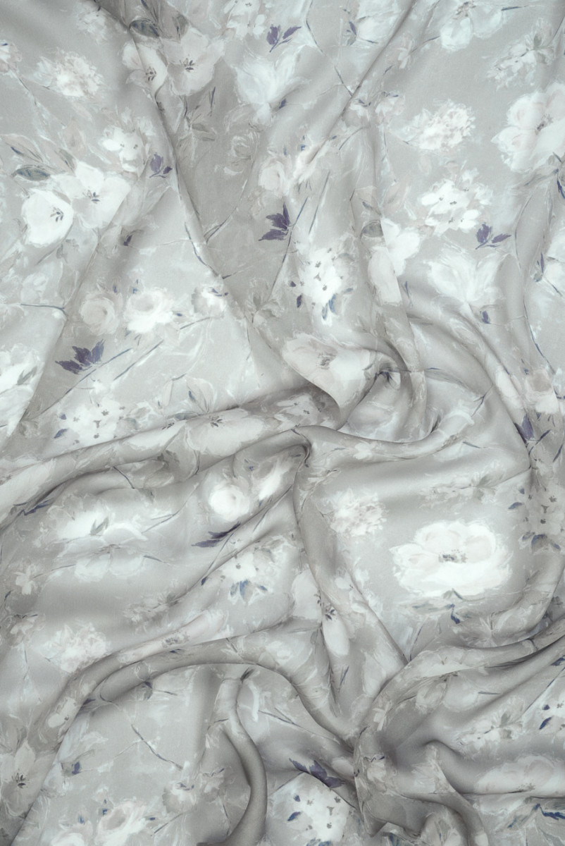 Muślin jedwabny szaro beżowy w kwiaty