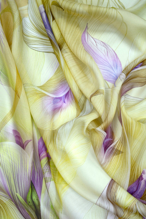 Muślin jedwabny kwiaty limonka z fioletem