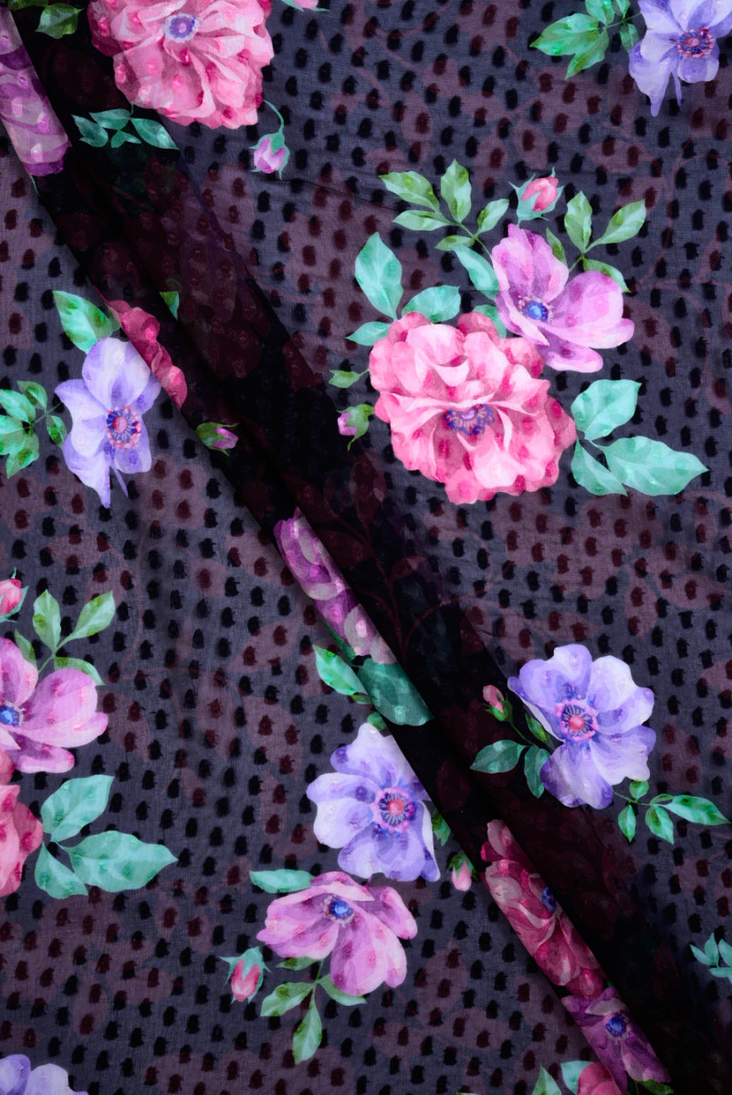 Jedwab devore czarny w kwiaty