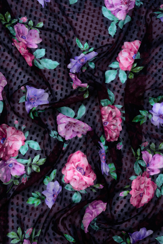 Jedwab devore czarny w kwiaty