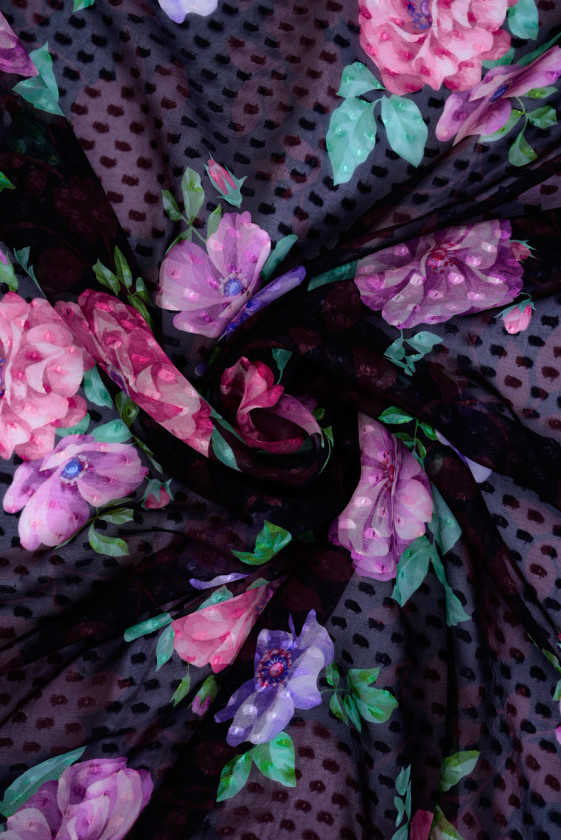 Jedwab devore czarny w kwiaty