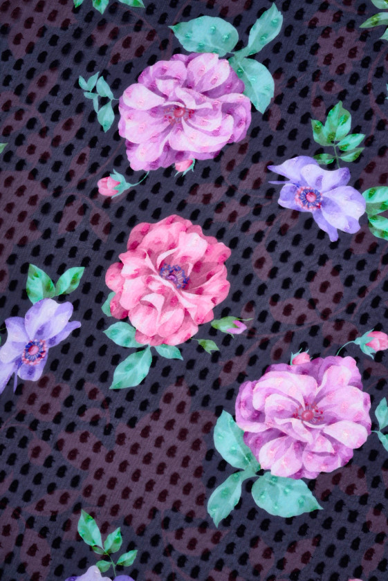 Jedwab devore czarny w kwiaty