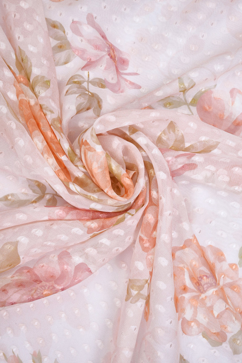 Szyfon jedwabny devore jasny róż w kwiaty