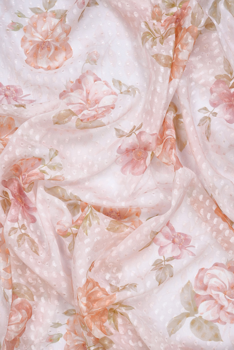 Szyfon jedwabny devore jasny róż w kwiaty