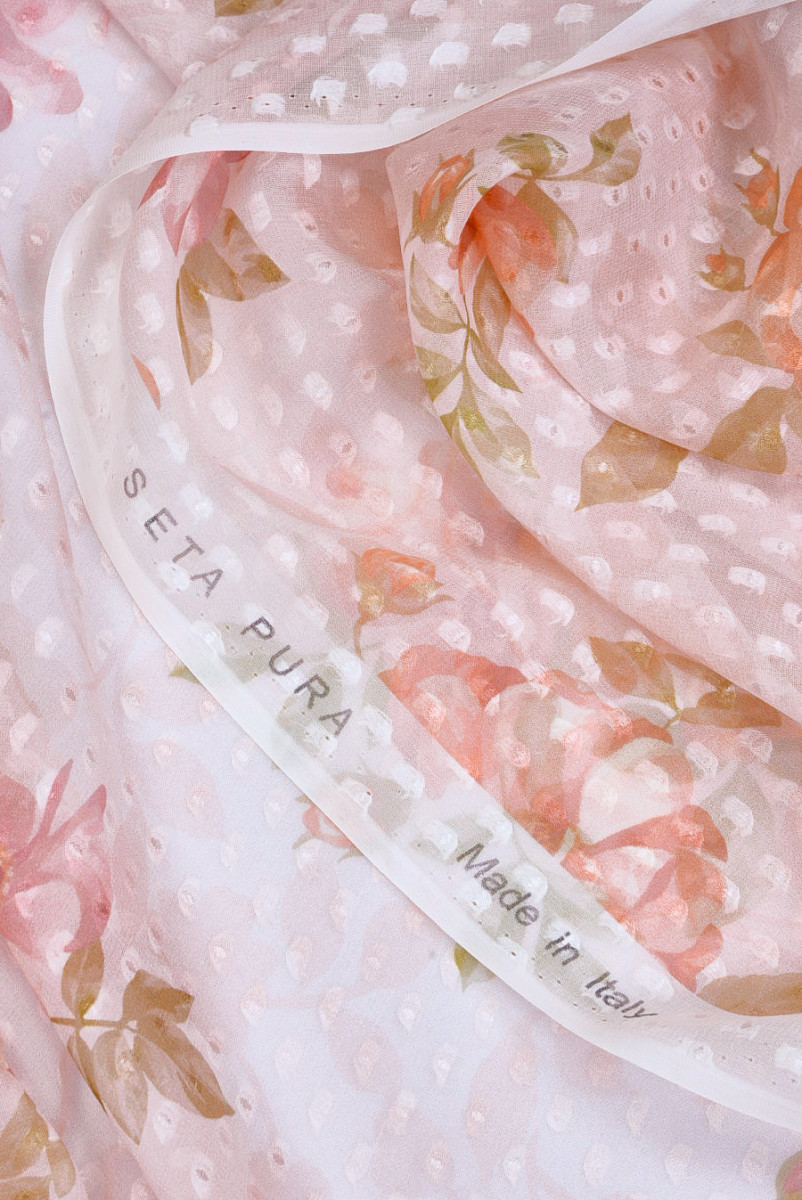 Szyfon jedwabny devore jasny róż w kwiaty