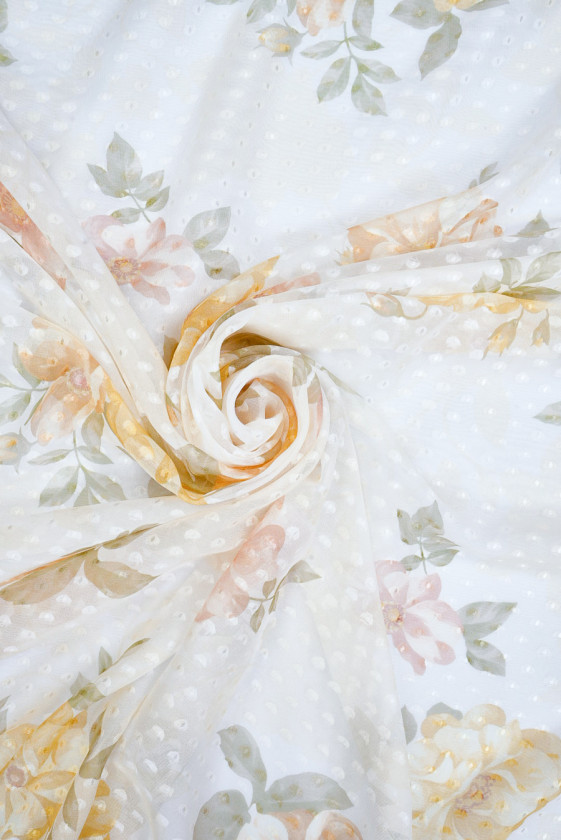 Szyfon jedwabny devore ecru w kwiaty