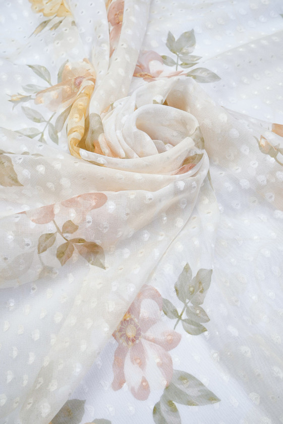 Szyfon jedwabny devore ecru w kwiaty