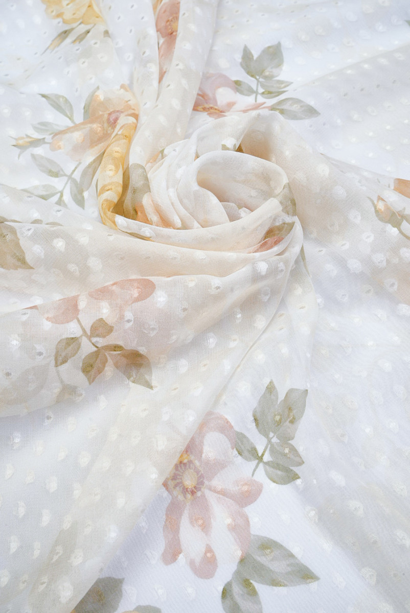 Szyfon jedwabny devore ecru w kwiaty
