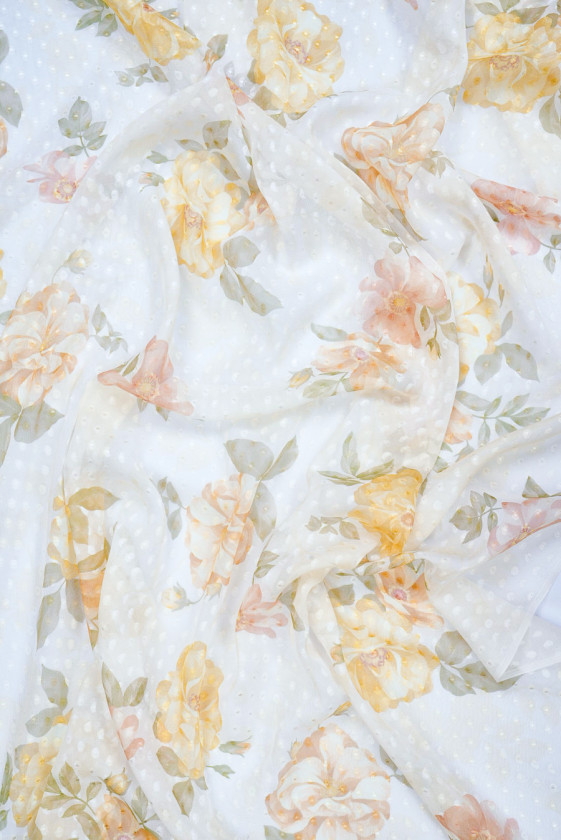 Szyfon jedwabny devore ecru w kwiaty
