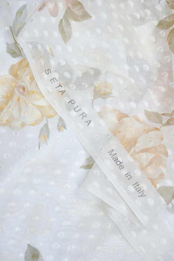 Szyfon jedwabny devore ecru w kwiaty