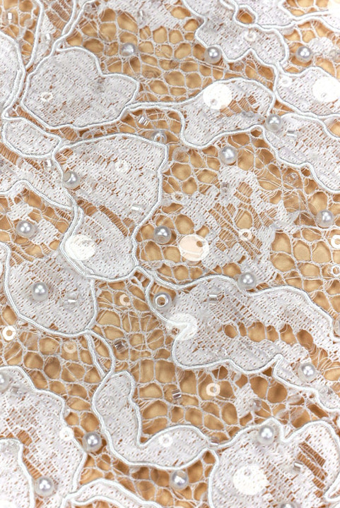 Dentelle crème brodée de fleurs et de perles