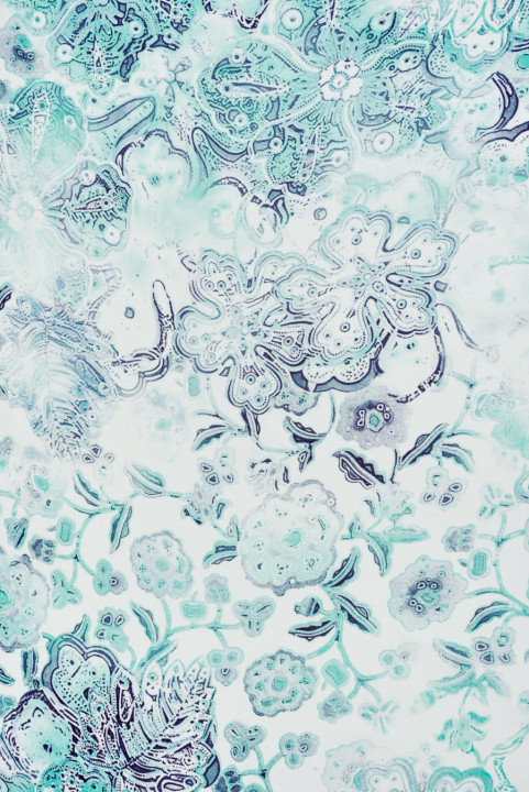 Mousseline viscose-soie à fleurs turquoise