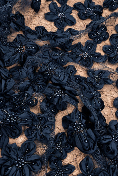Dentelle fleurs 3D bleu marine