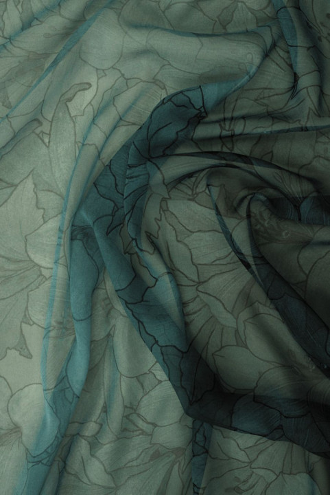Chiffon di seta sfumato con fiori verde scuro