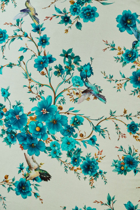 Satin de soie petites fleurs turquoise et oiseaux