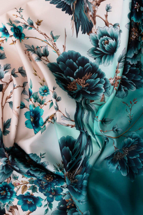 Mikado zeegroene op crème bloemen