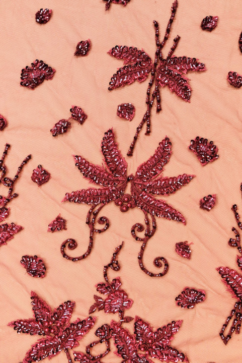 Embroidered red tulle with sequins and beads