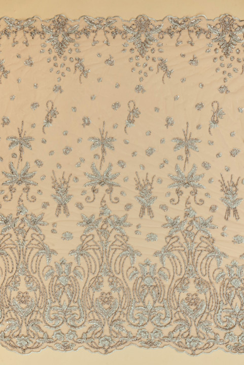 Grey-beige embroidered tulle with beads and sequins