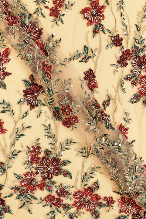 Tvillingfärgade broderade blommor på tyll med pärlor
